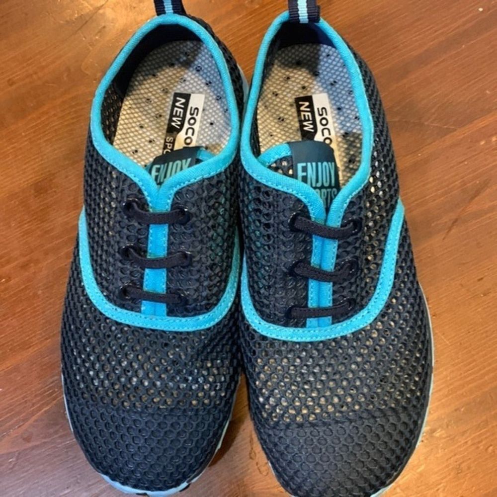 Socone Mesh Water Shoes Navy Blue Turquoise Trim Quick‎ Dry [Size US 4 EU 36]]